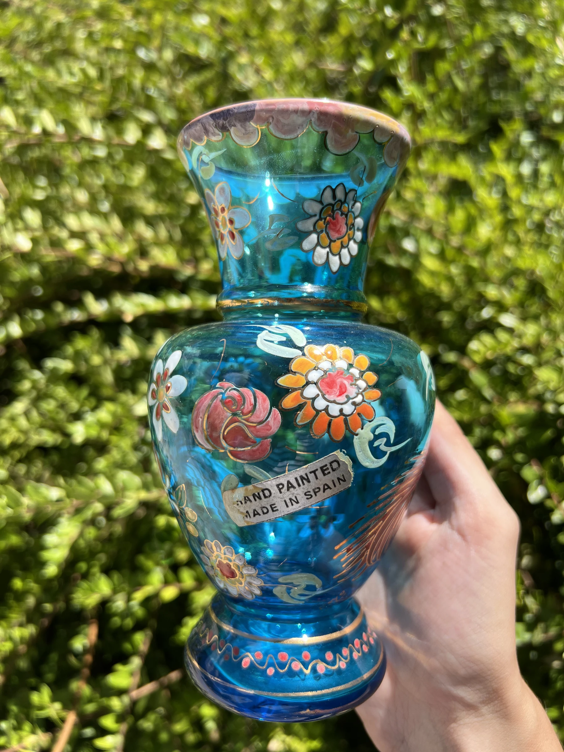 🩵 Vase vintage verre peint main Royo signé Made in Spain 17 cm